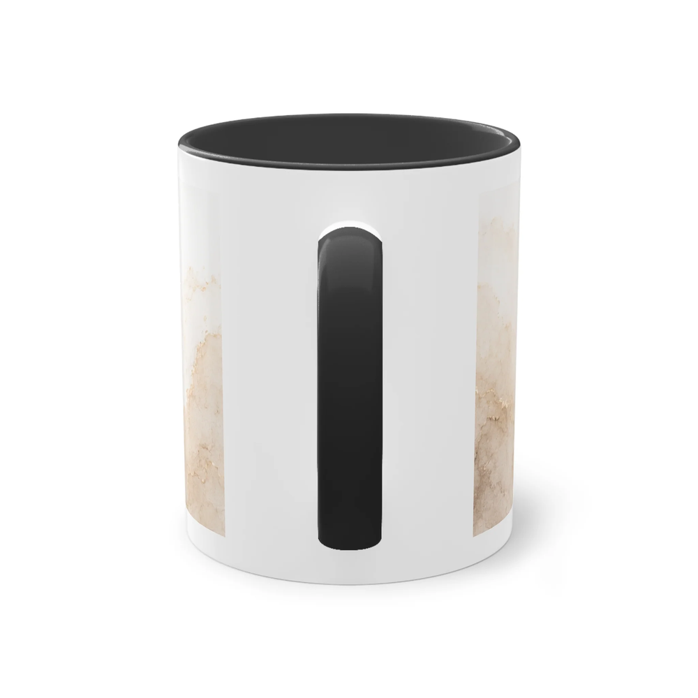 Rückansicht einer weißen Two-Tone Keramiktasse mit schwarzem Henkel und schwarzem Innenbereich.