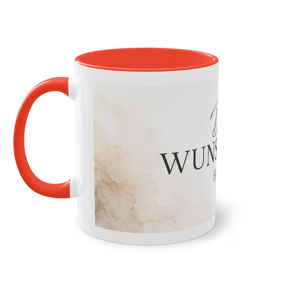 Weiße Two-Tone Tasse mit rotem Henkel aus einer weiteren Seitenperspektive und sichtbarer Druckfläche für eine individuelle Gestaltung.