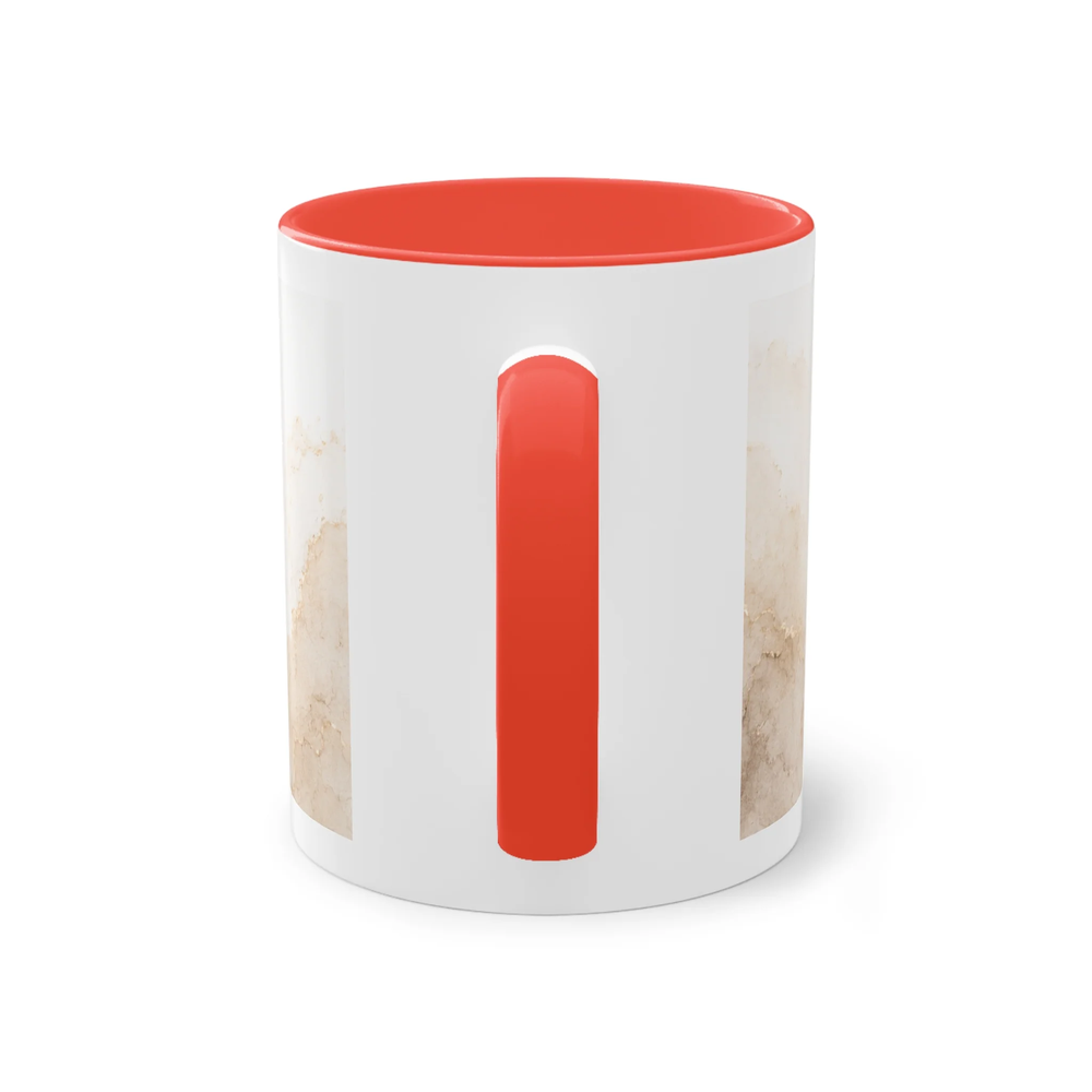 Rückansicht einer weißen Two-Tone Keramiktasse mit rotem Henkel und rotem Innenbereich ohne sichtbares Motiv. 