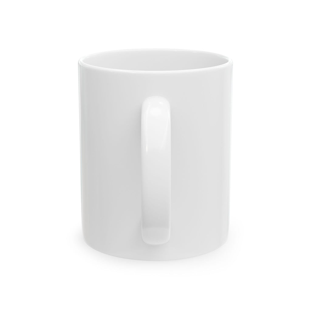 Rückansicht einer weißen glänzenden Keramiktasse mit ergonomischem C-Henkel ohne Motivdruck
