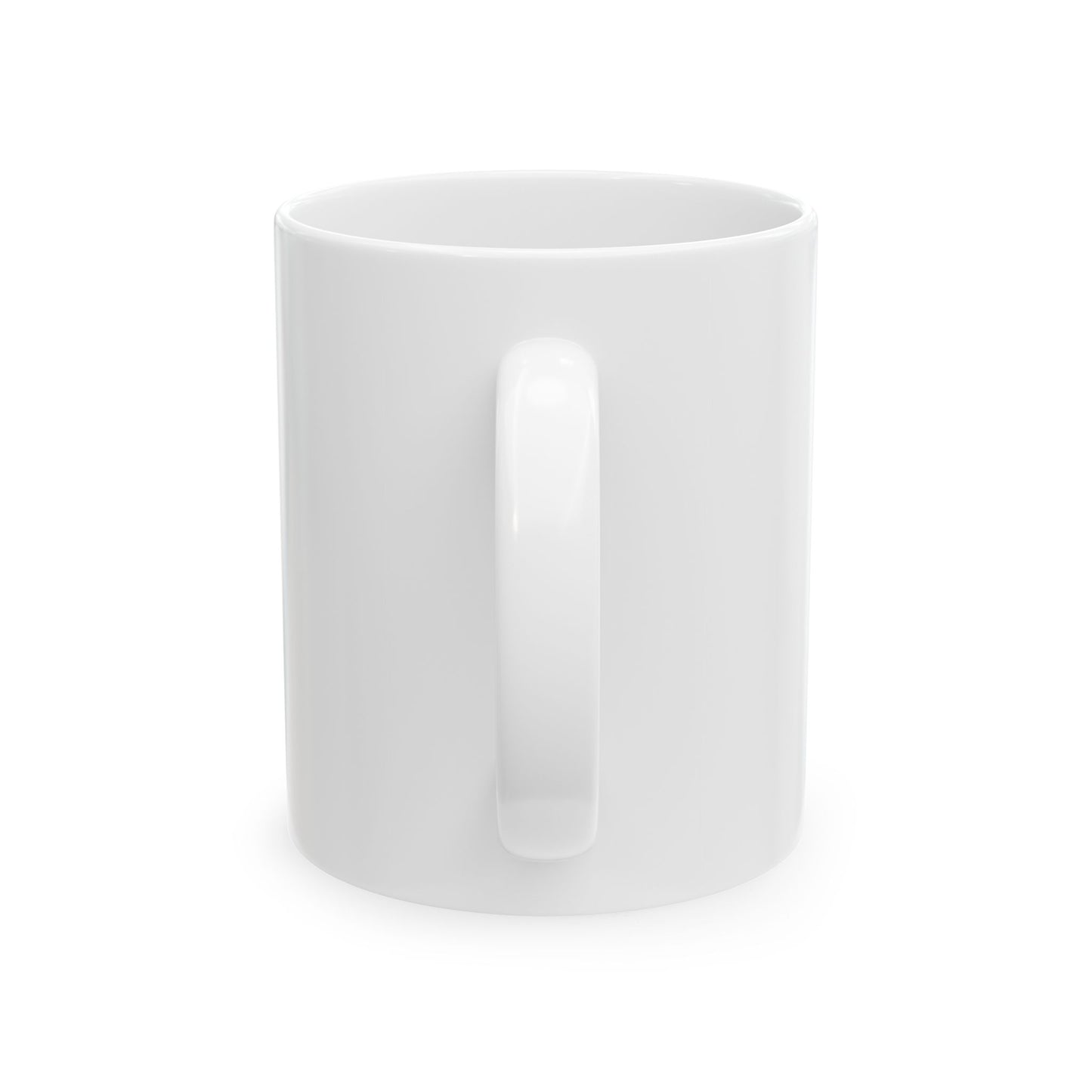 Rückansicht einer weißen glänzenden Keramiktasse mit ergonomischem C-Henkel ohne Motivdruck