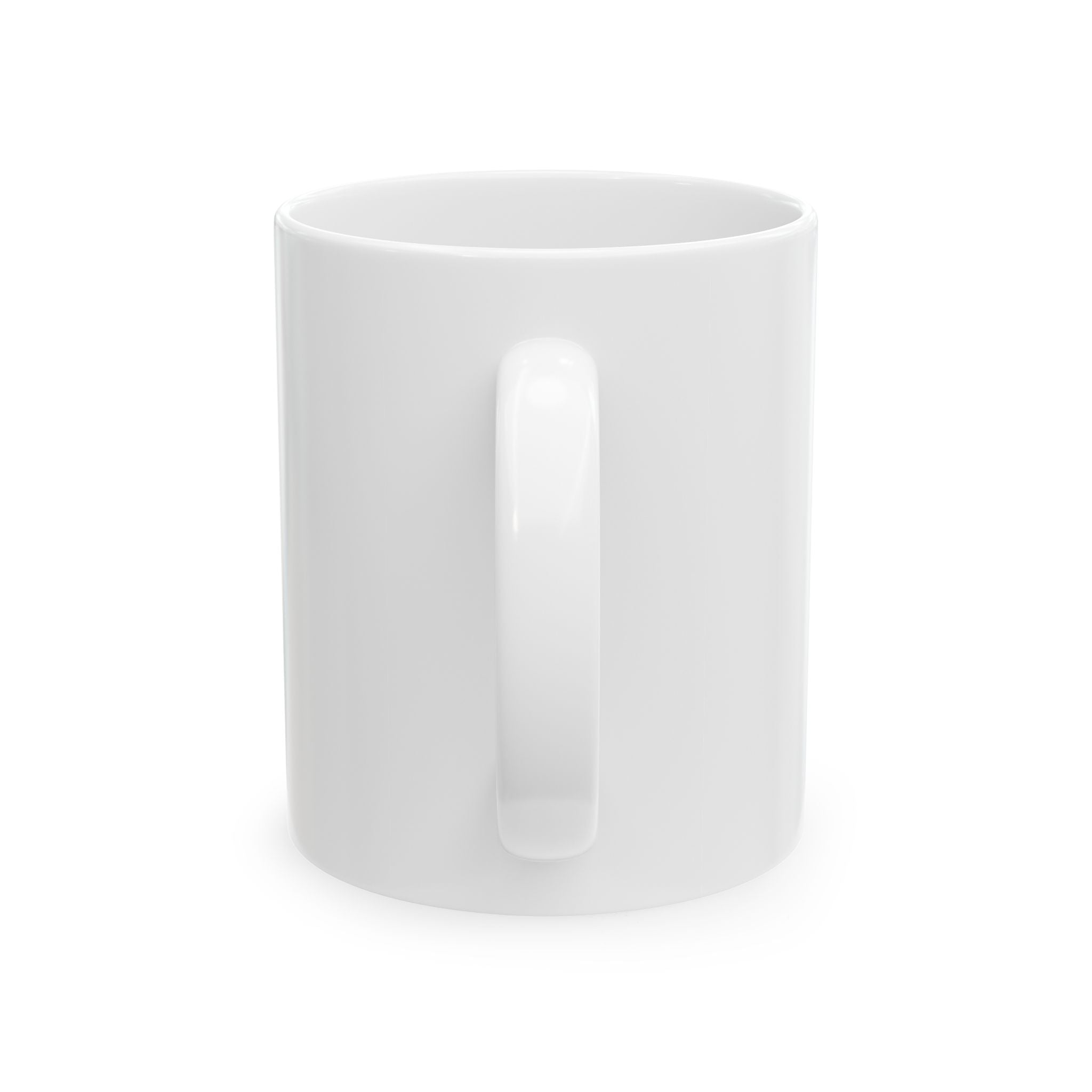 Rückansicht einer weißen glänzenden Keramiktasse mit ergonomischem C-Henkel ohne Motivdruck