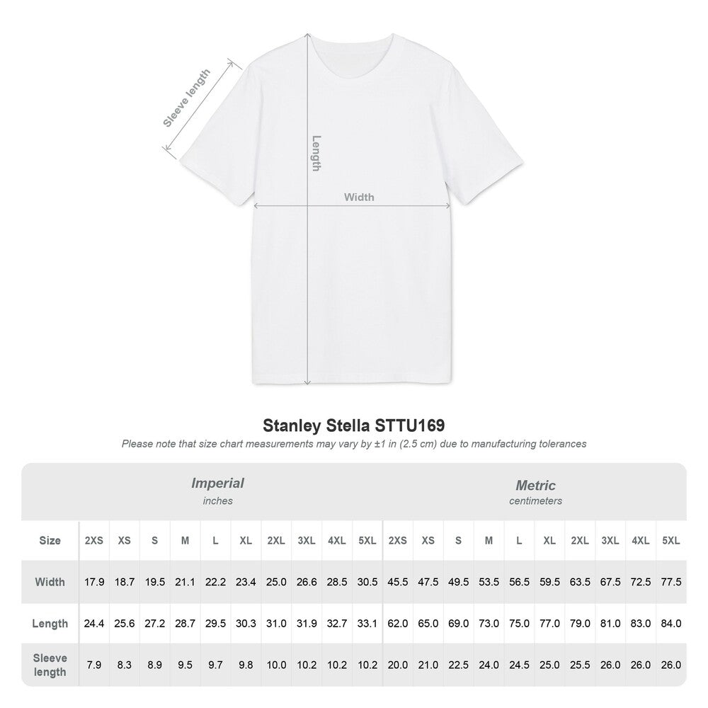 Größentabelle für das weiße Stanley Stella T-Shirt STTU169 mit Breite, Länge und Ärmellänge in Zentimetern und Zoll