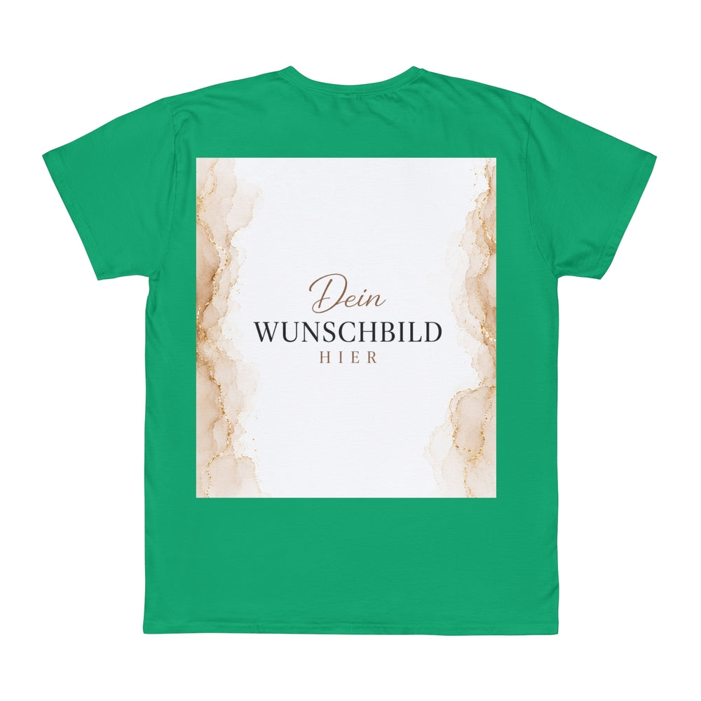 Grünes personalisierbares T-Shirt mit großem Wunschbild-Platzhalter in Beige und Gold
