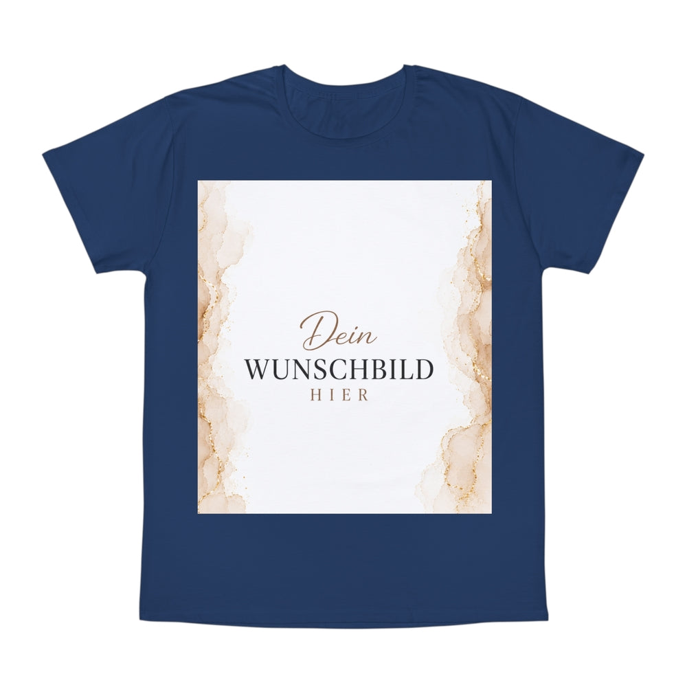 Dunkelblaues personalisierbares T-Shirt mit rechteckigem Wunschbild-Platzhalter und Marmorrahmen
