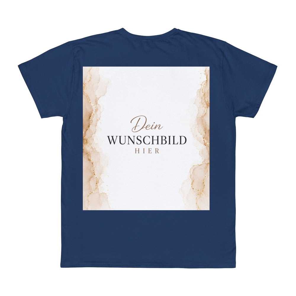 Dunkelblaues personalisierbares T-Shirt mit großflächigem Wunschbild-Platzhalter im Marmor-Look
