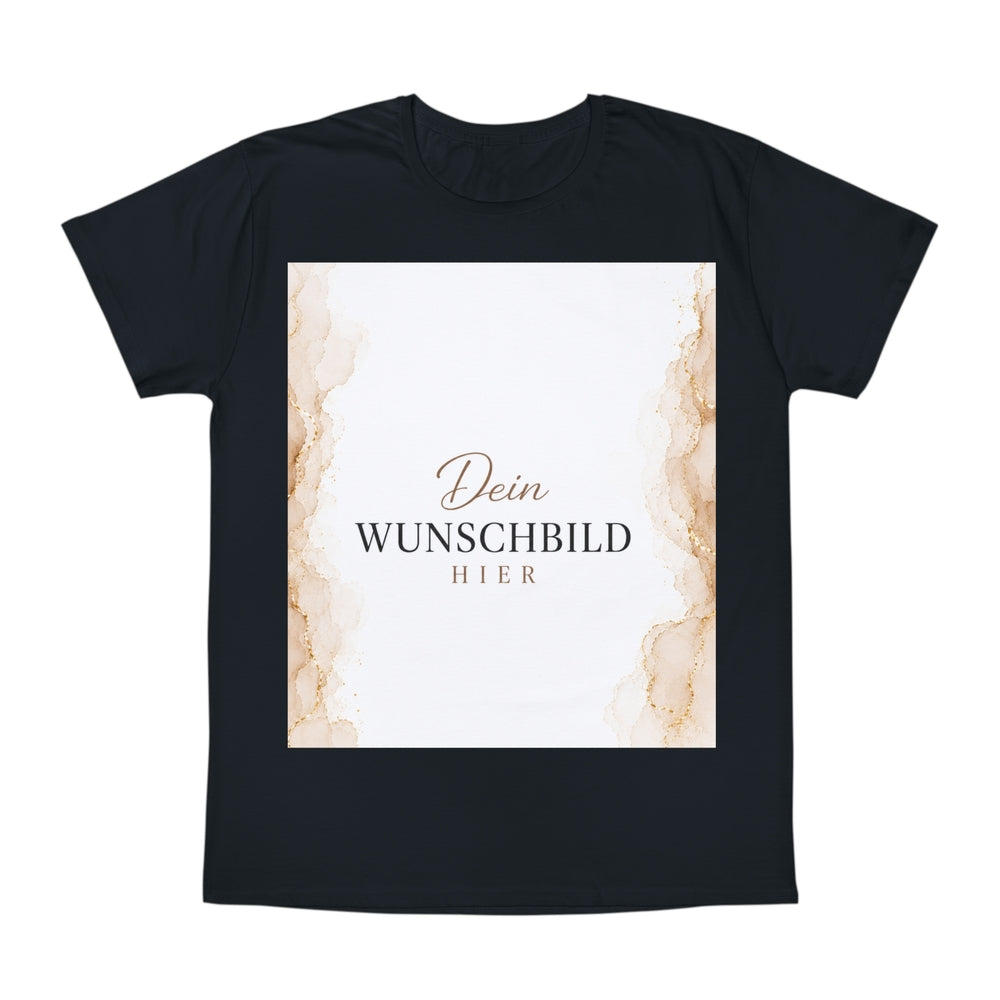 Schwarzes personalisierbares T-Shirt mit großem Wunschbild-Platzhalter in Beige und Gold