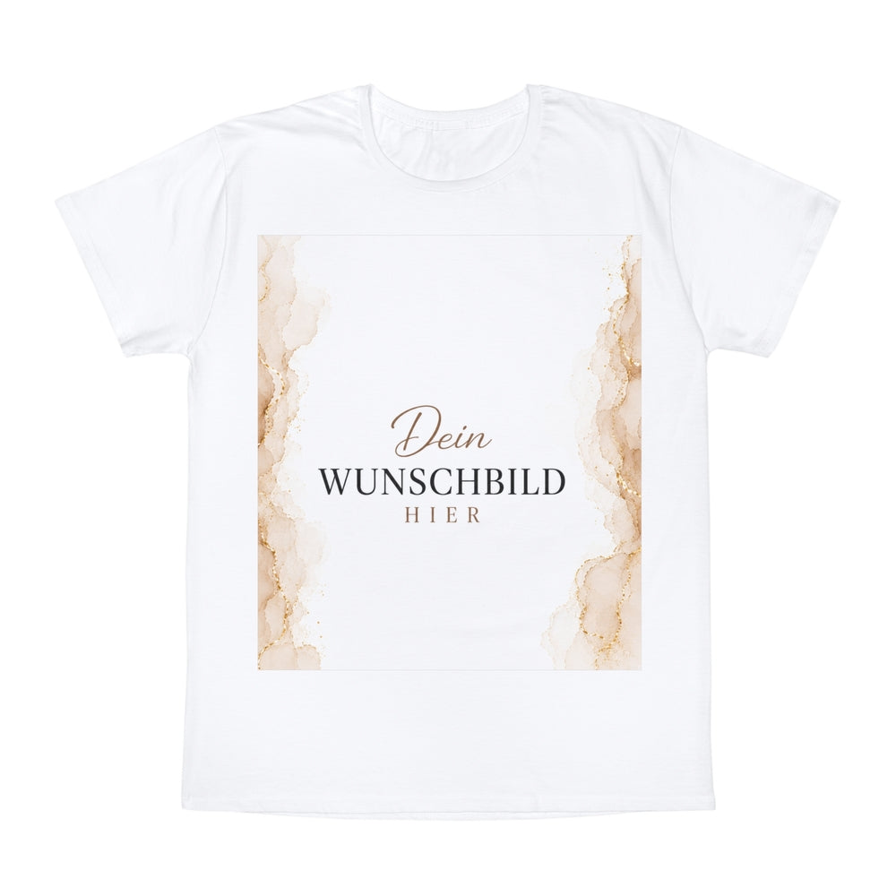 Weißes personalisierbares T-Shirt mit rechteckigem Wunschbild-Platzhalter im Marmor-Look
