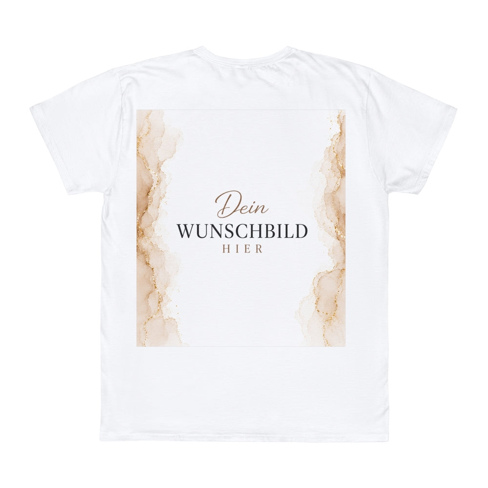 Weißes personalisierbares T-Shirt mit großem Wunschbild-Platzhalter und beigem Marmorrahmen
