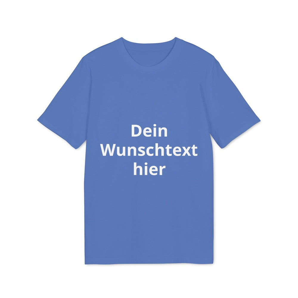 Leuchtend blaues personalisierbares T-Shirt mit weißem Beispieltext „Dein Wunschtext hier“