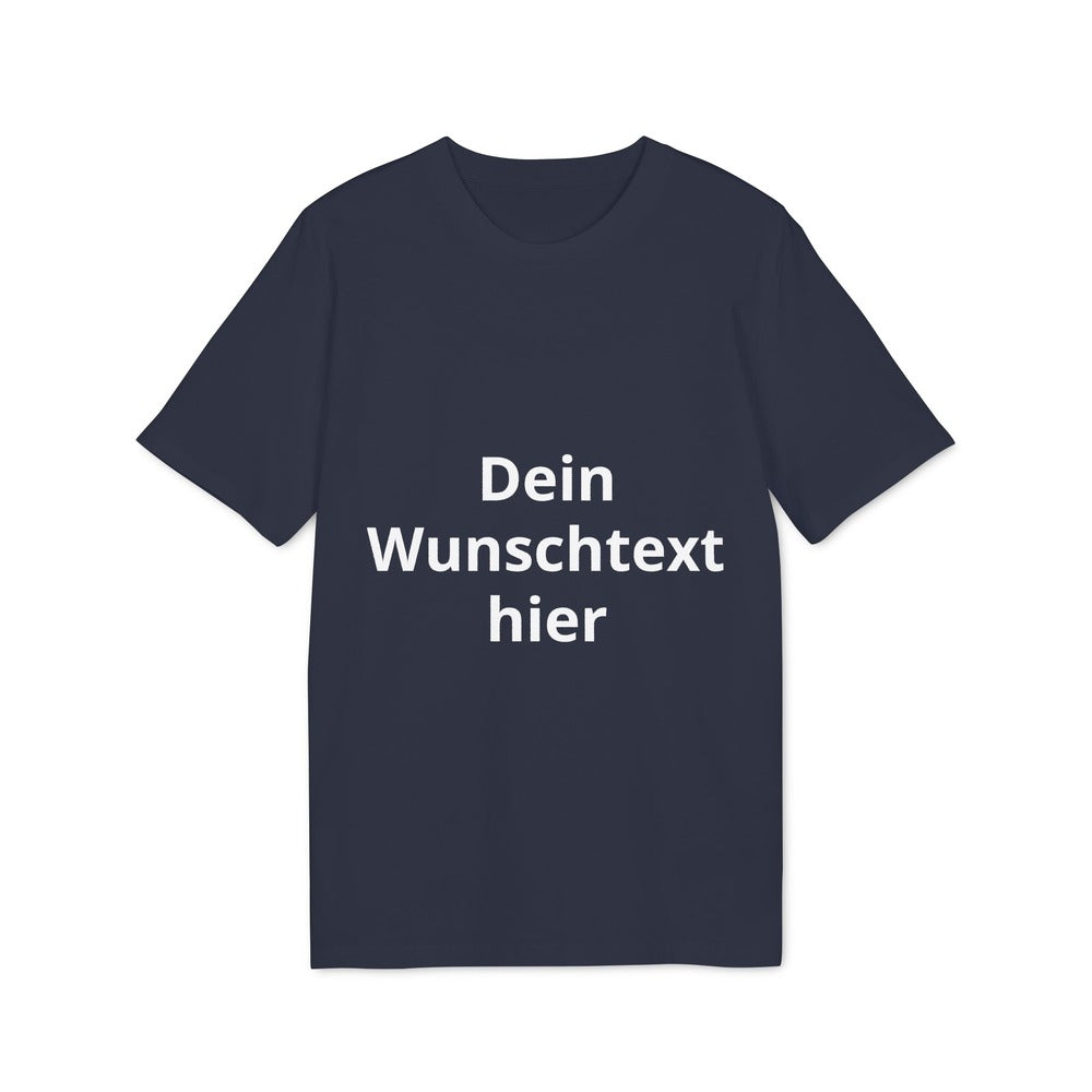 Dunkelblaues personalisierbares T-Shirt mit weißem Beispieltext „Dein Wunschtext hier“