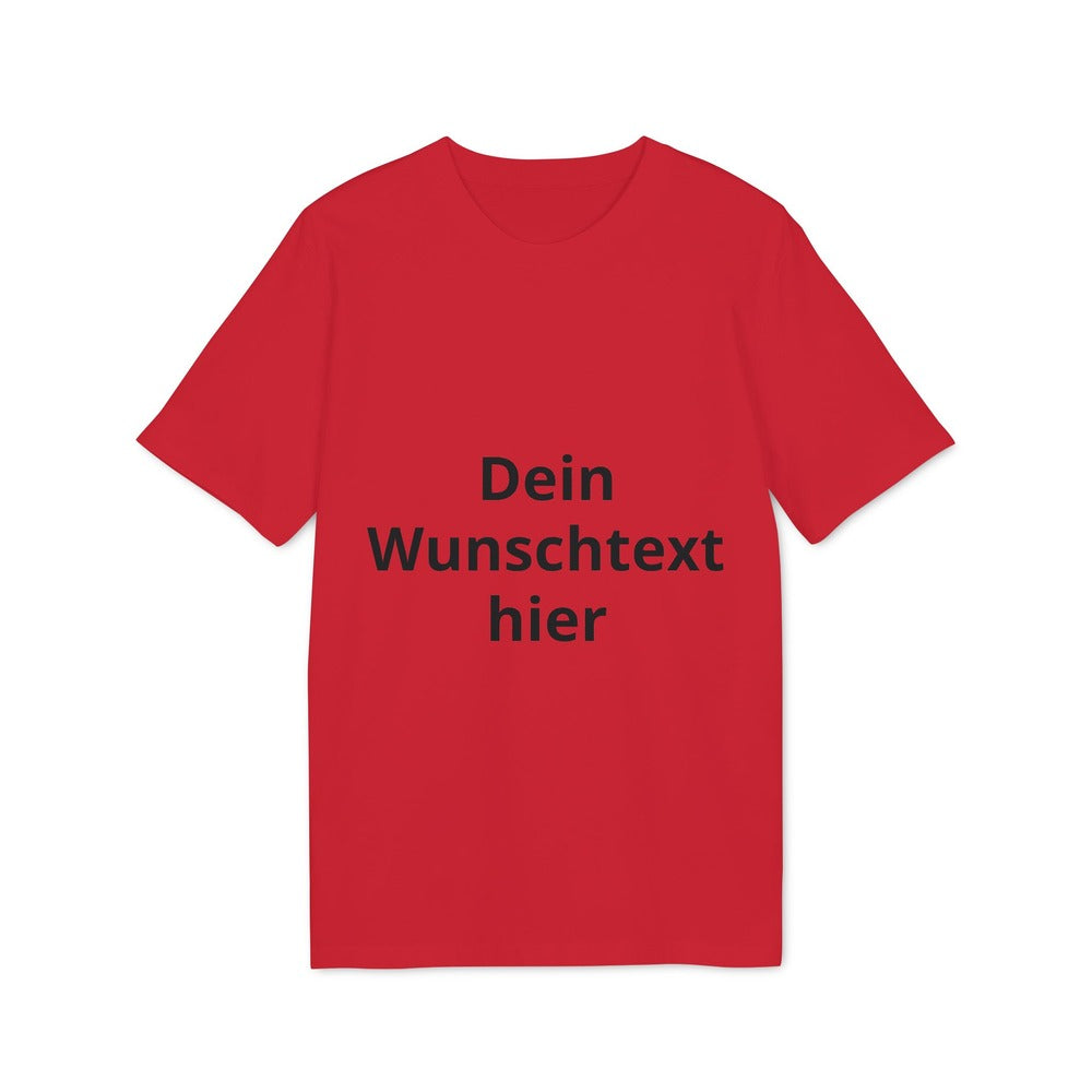 Rotes personalisierbares T-Shirt mit schwarzem Beispieltext „Dein Wunschtext hier“