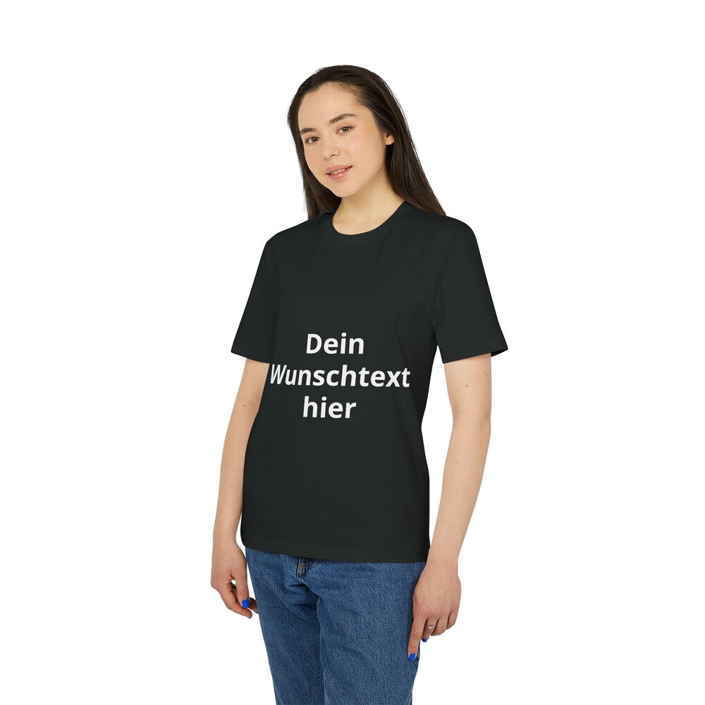 Damenmodel mit schwarzem T-Shirt und dem Beispieltext „Dein Wunschtext hier“