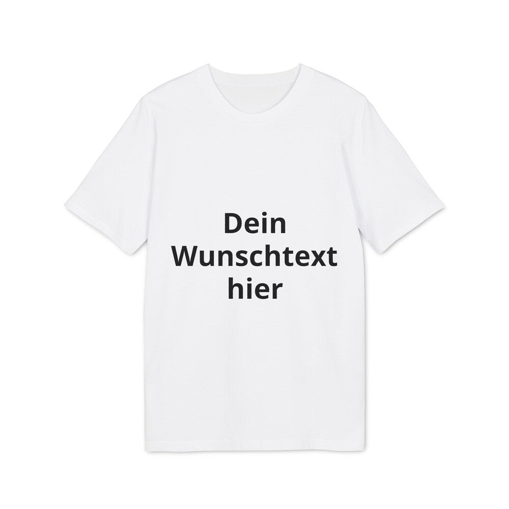 Weißes personalisierbares T-Shirt mit schwarzem Beispieltext „Dein Wunschtext hier“